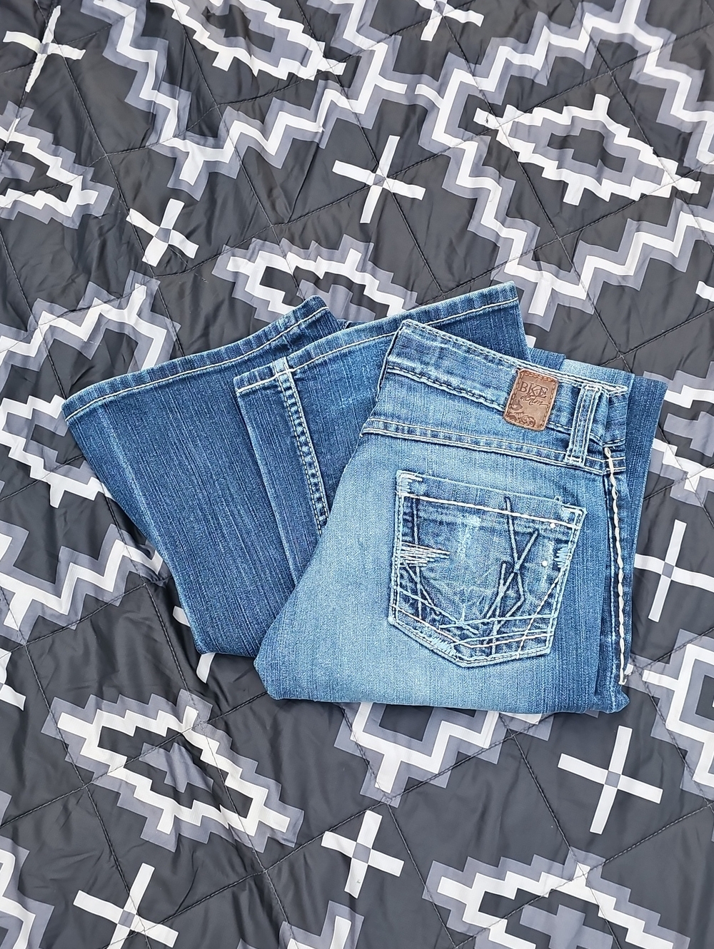 BKE Light and Medium Blue Women's Bootcut Jeans with Embroidered Back Pocket